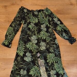 Tropical Leaf Print Off-Shoulder Dress
